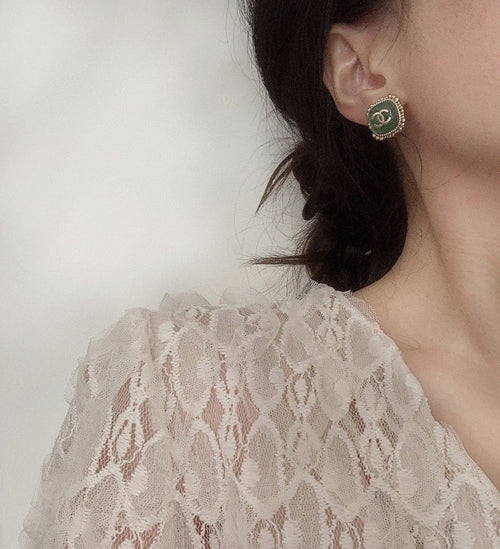 18K  Chanel Green Square Earrings